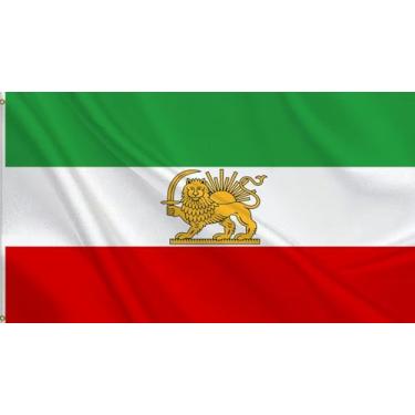 Imagem de HVATLTL Antiga bandeira iraniana histórica do Irã 2 x 3 pés, poliéster 100D resistente, cores vivas, bandeira histórica da Pérsia, ex-sol de leão do Irã, da Revolução Iraniana com 2 argolas de latão