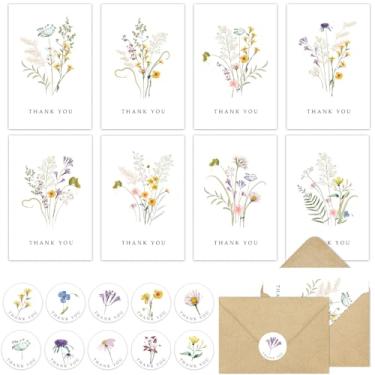 Imagem de Pacote com 96 cartões florais de agradecimento com envelopes, notas de agradecimento de flores silvestres em aquarela com adesivos de envelopes kraft para aniversário, casamento, chá de panela, chá de