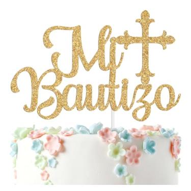 Imagem de Topo de bolo espanhol Mi Bautizo para decoração de chá de bebê, decoração de festa de revelação de gênero do primeiro aniversário do bebê, glitter dourado.