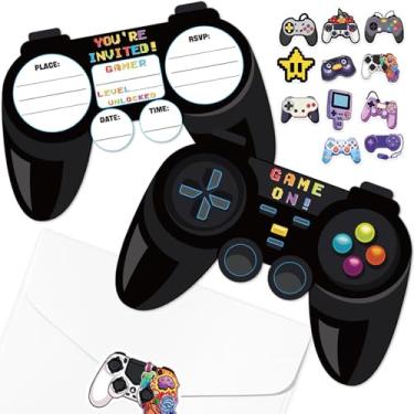 Imagem de 20 peças de convites de aniversário de videogame com envelopes pretos lembrancinhas de festa para meninos festa de aniversário jogos decorações de festa, 6,7 x 4,7 polegadas