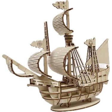 Imagem de MPIUET Modelo De Quebra-Cabeça Madeira 3D Veleiro Para Adultos, Barco À Vela, Kits Frota Com Vários Mastros 6,5" × 2" 6", Sem Cola Ou Outras Ferramentas Necessárias, Rebarbas (1 Peça)