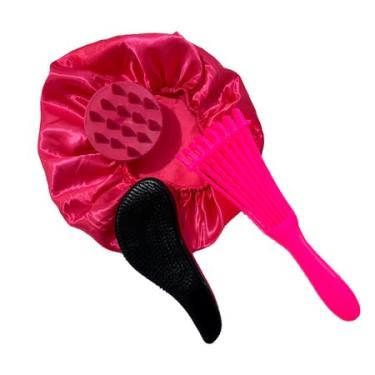 Imagem de Kit Escova Polvo 3 Peças, Escova Mágica com Massageador Capilar e Touca de Cetim, Cores Sortidas, para Cabelos Cacheados e Crespos (Pink)
