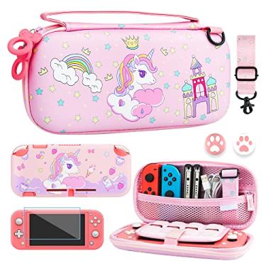 Imagem de FUNDIARY Estojo De Transporte Rosa Para Acessórios Do Nintendo Switch Lite, Capa Protetora Tpu Macio, Alça Ombro Ajustável, Protetor Tela E 2 Protetores Polegar - Unicorn