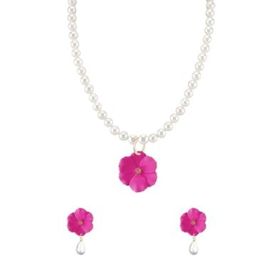 Imagem de QIAOLEHUI Colar gargantilha de flor de pérola para mulheres, conjunto de brincos florais, colar com pingente e contas de pérolas, joias para mulheres, Large, Metal, Sem Pedra Preciosa