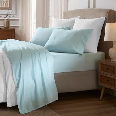 Imagem de Superior Jogo de lençol Carmen vintage relaxado 100% algodão, leve e crocante, 1 lençol de cima, 1 lençol elástico com elástico alto, 2 fronhas, quarto boho chique, Queen, azul