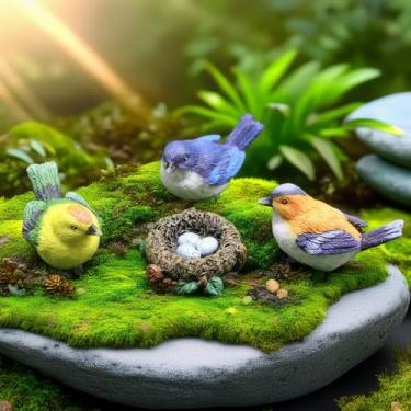 Imagem de 4pc Miniature Bird & Nest Set: 3 Colorful Resin Birds & Nest w/Eggs for Dollhouse, Fairy Garden, Bonsai, Terrarium Decor (Adult Collector)