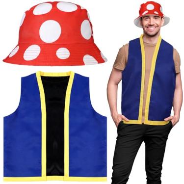 Imagem de Velmitten Conjunto de 2 peças de fantasia de cogumelo adulto chapéu de cogumelo manchado, roupas divertidas para cosplay para Halloween (chapéu de buket, vermelho)