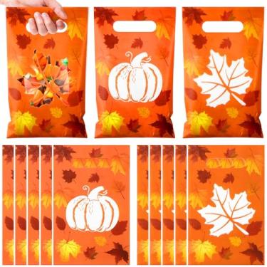 Imagem de GliCraft 100 unidades de sacos de presente de folha de bordo de abóbora de outono com janelas transparentes, design de construção de plástico, festa de outono, ideal para o Dia de Ação de Graças e