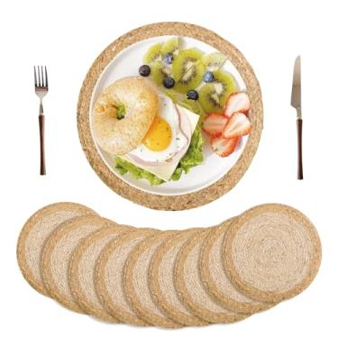 Imagem de Conjunto de 10 tapetes redondos de tecido de 32 cm, boho, carregadores de vime para pratos de jantar, tapetes de mesa rústicos de vime para fazenda, carregadores trançados, bege natural e marrom claro