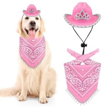 Imagem de Sanwuta Acessórios de fantasia de cowboy para animais de estimação, fantasias de Dia das Bruxas, para cães, gatos, chapéu de cowboy rosa e lenço bandana, acessórios para cachorros, festas de gatinhos