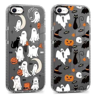 Imagem de Yomjew Pacote com 2 capas de celular de Halloween para iPhone 16e de 6,1 polegadas, capa transparente com design fofo de estampa de gato fantasma de abóbora, capa de silicone macio à prova de choque