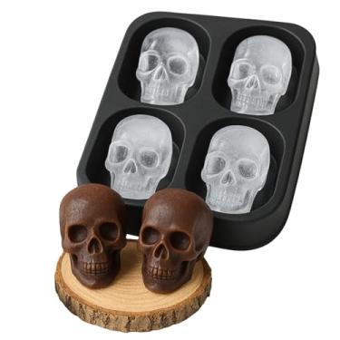 Imagem de Forma de Gelo Caveira 3D em Silicone Alimentício – 4 Cubos Grandes Skull – Para Whisky, Chocolate, Coquetéis e Bebidas