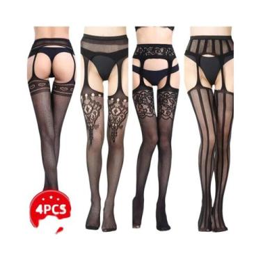 Imagem de Meia-calça Feminina Sexy De Rede Até a Coxa Com Cinta-liga, Opções De 