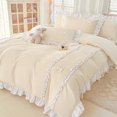 Imagem de IHOUSTRIY Capa de edredom amarelo creme, tamanho Queen, conjunto de capa de edredom com laço fofo com fecho de zíper, 3 peças, conjunto de cama de microfibra macia com babados brancos com 4 laços (228