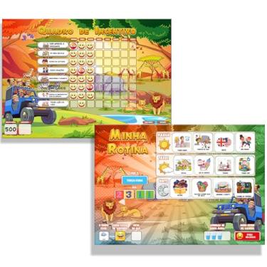 Imagem de Kit Quadro de Rotina Infantil e Quadro de Incentivo ao Bom Comportamento Recompensa 30x40 +1 Caneta e 200 tags quadro para Geladeira (Savana)