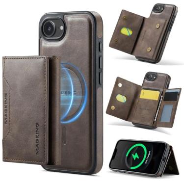 Imagem de DG.MING Capa de couro magnética removível 2 em 1 para iPhone 16e, carteira com bloqueio de RFID com 8 compartimentos para cartão, compatível com carregamento sem fio MagSafe, capa protetora para