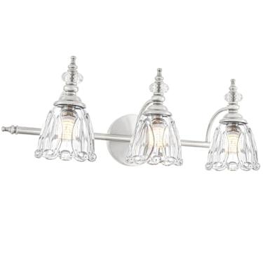 Imagem de Ditoon Luminária de níquel escovado, luminária de banheiro antigo sobre o espelho, 3 luminárias com sombra de vidro de flor, iluminação de parede de arandelas de fazenda para corredor, sala de estar