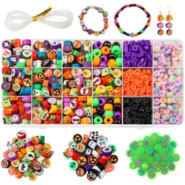 Imagem de Gushu 850 peças de berloques de contas de argila de Halloween para pulseira, colar, brinco, kit de fabricação de joias, lindas e divertidas contas de argila de polímero Heishi, contas de pônei, contas
