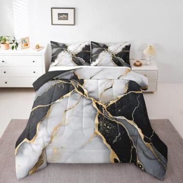 Imagem de Conjunto de edredom de mármore preto, dourado, metálico, para crianças, adolescentes, adultos, com textura de mármore abstrato, dourado preto, tamanho Queen, boêmio, hippie, com 2 fronhas