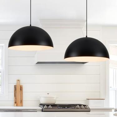 Imagem de Iluminação pendente industrial para ilha de cozinha, luminárias pendentes de cúpula de metal preto e branco de 40,6 cm, luminária suspensa para casa de fazenda, base E26 para sala de jantar, hall de