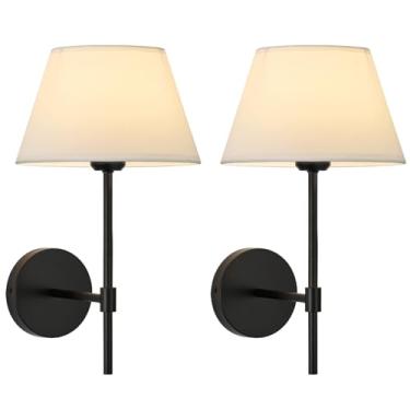 Imagem de PASSICA DECOR Conjunto de dois arandelas de parede com fio, pacote com 2, lâmpada moderna clássica de metal preto, luminárias de parede de tecido branco industrial para quarto, banheiro, quinta