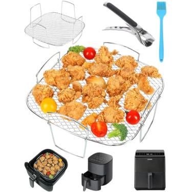 Imagem de Glazeal Rack quadrado de aço inoxidável para fritadeira a ar com pinça de alimentos e escova de óleo, rack desidratador quadrado de 20 cm para acessórios de fritadeira a ar - 21 × 21 x 8 cm