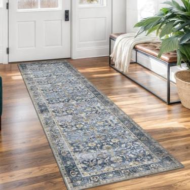 Imagem de KUTA Tapete vintage lavável, 5 x 18 cm, azul bege, para corredores, tapetes de cozinha, ultrafino, macio, estampado, oriental, floral, para lavanderia, quarto, sala de estar, berçário