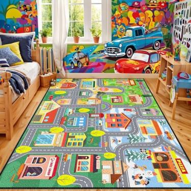 Imagem de Jiospet Tapete de carro para sala de jogos infantil – Tapete de estrada para quarto de meninos, tapete de brincar de carro com trilhos de estrada, 1,8 x 1,8 m