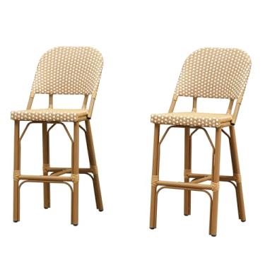 Imagem de PURPLE LEAF Conjunto de 2 bancos de bar de 73,7 cm com altura de bar de 73,7 cm com acabamento em teca, bancos de bar sem braços para varanda e jardim, cozinha interna, cáqui