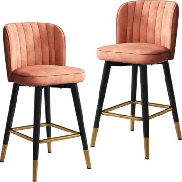 Imagem de Cadeira Alta Giratória Encosto De Veludo Bar Banquetas 2 Pcs, Balcão De Cozinha Doméstica Banqueta De Recepção Com Pernas Pretas E Apoio Para Os Pés Cromado Dourado, Orange, 75 cm