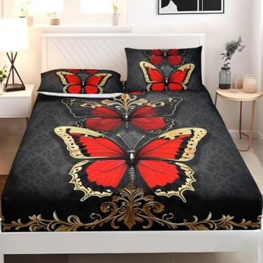 Imagem de AILONEN Jogo de lençol Queen com borboleta vermelha e dourada, formato de borboletas douradas góticas, tamanho Queen, floral, vintage, 1 bolso profundo com 2 fronhas