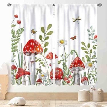 Imagem de Cortinas de cogumelo, rústico verde sálvia botânico vintage cogumelo flores silvestres plantas florestais ervas cottagecore casa de campo cortina de janela para sala de estar, quarto, café, banheiro