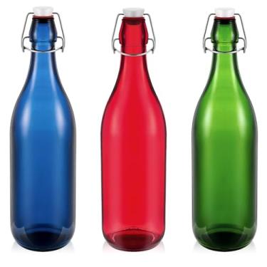 Imagem de Teenyyou 3 garrafas de vidro flip top de vidro com tampa hermética para bebidas, óleo, vinagre, kombucha, cerveja, água, refrigerante (multicolorido, 966 g)