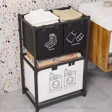Imagem de Cesto Organizador Vertical 2 Andares 3 Compartimentos | Armazenamento para Roupas, Meias e Itens Diversos | Fácil Montagem, Compacto e Durável para Lavanderia, Quarto e Banheiro – Preto
