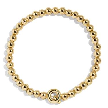 Imagem de BaubleBar Pulseira personalizada inicial Pisa, contas modernas banhadas a ouro, joias modernas, pulseira popular com letras iniciais, ajuste elástico para crianças e adultos, One Size, Latão, Sem