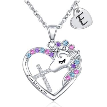 Imagem de Colar com cruz de unicórnio para meninas – Colar colorido com coração de zircônia cúbica e unicórnio, presente de aniversário, batismo, Natal para meninas e adolescentes, 16”+2”, Latão Zircônia cúbica