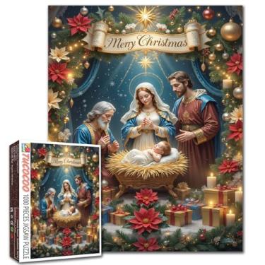 Imagem de Quebra-cabeça de presépio de Natal para adultos, estudantes, 1000 peças, manjedoura família sagrada bebê no berço cercado por velas e presentes tema religioso 50 × 68 centímetros para decoração