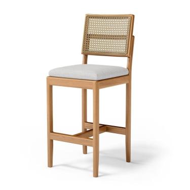 Imagem de Banqueta Milena Madeira Maciça Assento Estofado Encosto De Tela Palha Sextavada Linho Cinza 407