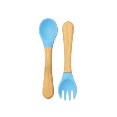 Imagem de Kit Talheres Infantil Bambu E Silicone 2 Peças Azul Petit