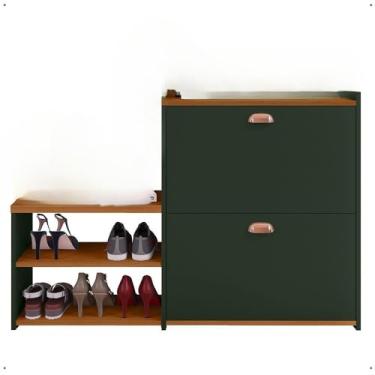 Imagem de Sapateira Organizadora Com Banco Integrado - 2 Portas Basculantes E Puxador Concha Milano Para Hall De Entrada, Quarto E Closet - Assento PráTico Para Vestir Sapatos(Verde/Cedro)