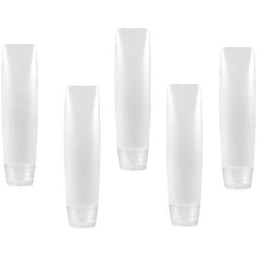 Imagem de 5 frascos de plástico para viagem para líquidos, frascos de compressão vazios de 28 g com tampa flip à prova de vazamento, tubos recarregáveis sem BPA, mini recipientes de pasta de dente com