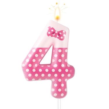 Imagem de Velas de aniversário com número de laço rosa, velas de aniversário de bolinhas rosa e brancas, decorações de aniversário de desenho de gato, enfeite de bolo para meninas, princesa, casamento,