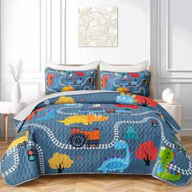 Imagem de AILONEN Conjunto de colcha Queen com desenho animado de trens, azul ferroviário, leve, para todas as estações, conjunto de cama de microfibra macia de dinossauro fofo, 3 peças (1 colcha, 2 fronhas)