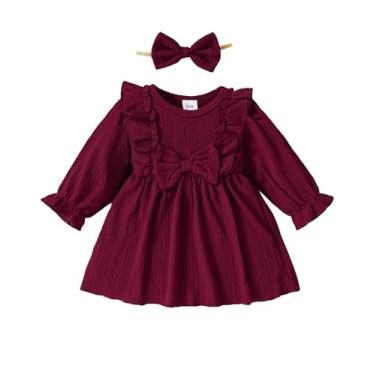 Imagem de Mioglrie Vestido para bebês meninas 3 6 9 12 18 24 meses 2t 3t roupas meninas outono inverno roupas, Vermelho escuro, 6-12 Meses