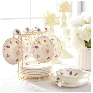 Imagem de Conjunto de chávenas de chá de estilo europeu Conjunto de xícaras de chá e pires florais Conjunto de xícaras de café rural com rack de xícara de chá britânico (Cor: D, Tamanho: 2 peças) (E 6 peças)