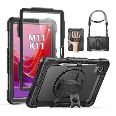Imagem de SEYMAC Capa para Lenovo Tab M11/K11 de 11 polegadas, capa protetora resistente à prova de choque com protetor de tela, suporte giratório de 360°, alça de mão/ombro e suporte para caneta, preta
