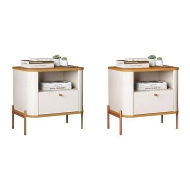 Imagem de Conjunto com 2 Mesas de Cabeceira Curva 1 Gaveta e 1 Nicho Pés e Puxadores em Metal 45cm Tucupí Off White/Marrom/Bronze