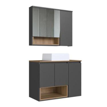 Imagem de Gabinete de Banheiro 80cm com Cuba e Espelheira 3 Portas Mel/Grafite C