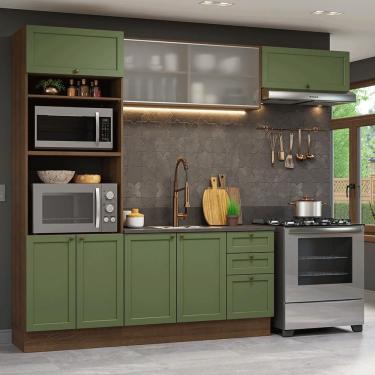 Imagem de Cozinha Completa Vik 9 Portas 3 Gavetas MDF 270 cm Verde Rustic com Vidro Pontilhado