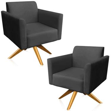 Imagem de Kit 02 Poltronas Decorativas Isabella Base Giratória Madeira Suede Preto - Gran Belo